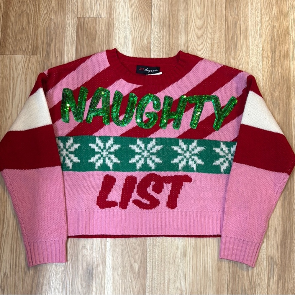 NWT 32 Degrees Red and Pink Crew Neck Holiday Sweater